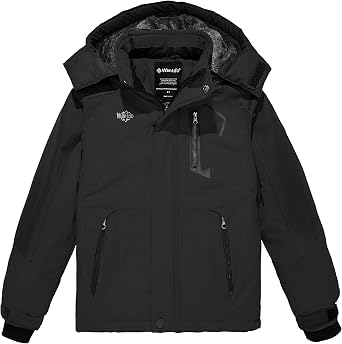 wantdo Boy Winter Ski Jacket Waterproof and Girl Fleeced Long Puffer Jacket Removable Hood Black Size 6-7