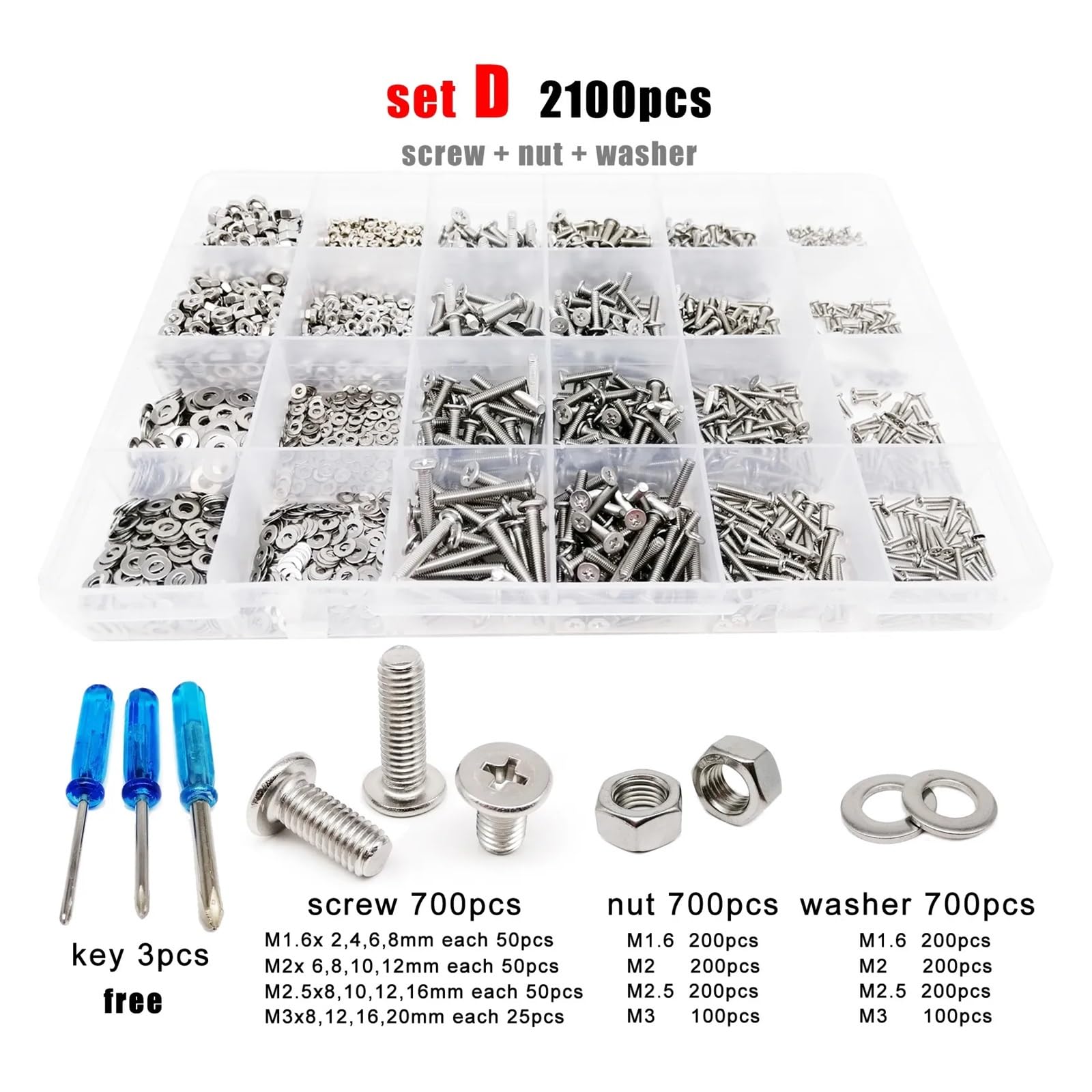 GamirA 400/2100 pièces M1.6 M2 M2.5 M3 M4 304 Acier Inoxydable Croix Plate Ultra Mince tête vis Boulon écrou rondelle Assortiment Kit (Color : Set D 2100pcs)