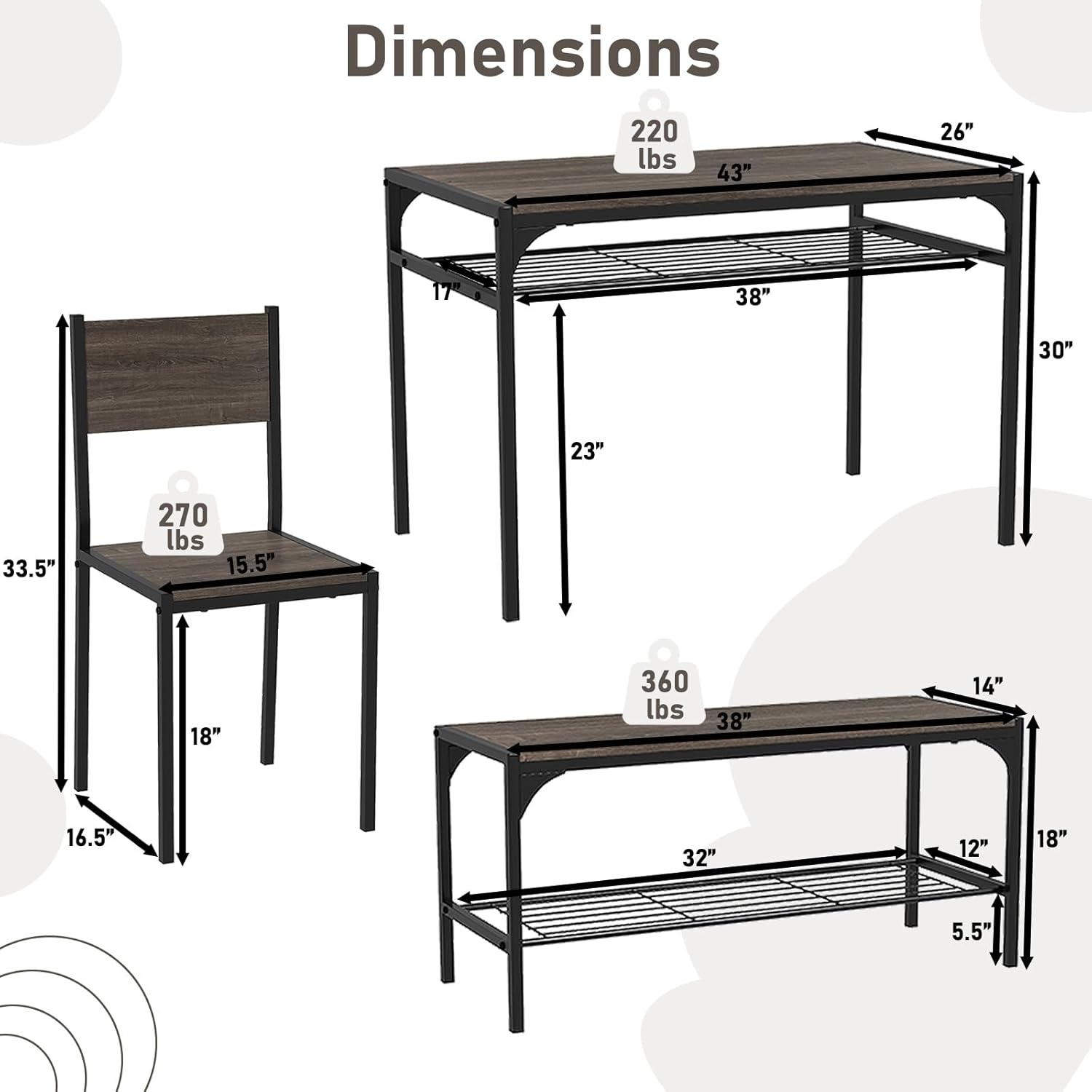 Dining Table Set for 4, Kitchen Table with Bench & 2 Chairs, Dinner Table Set with Storage Rack, Small Dining Set for Kitchen, Dining Room, Restaurant (Grey, 43’’W x 26’’D x 30’’H)