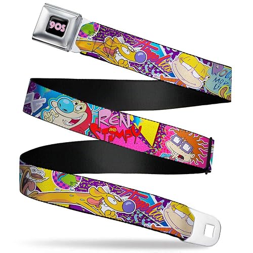 Nickelodeon Seatbelt Buckle Belt, Nick 90s Rewind Characters and Logo Collage - Adult XL (34"-52")