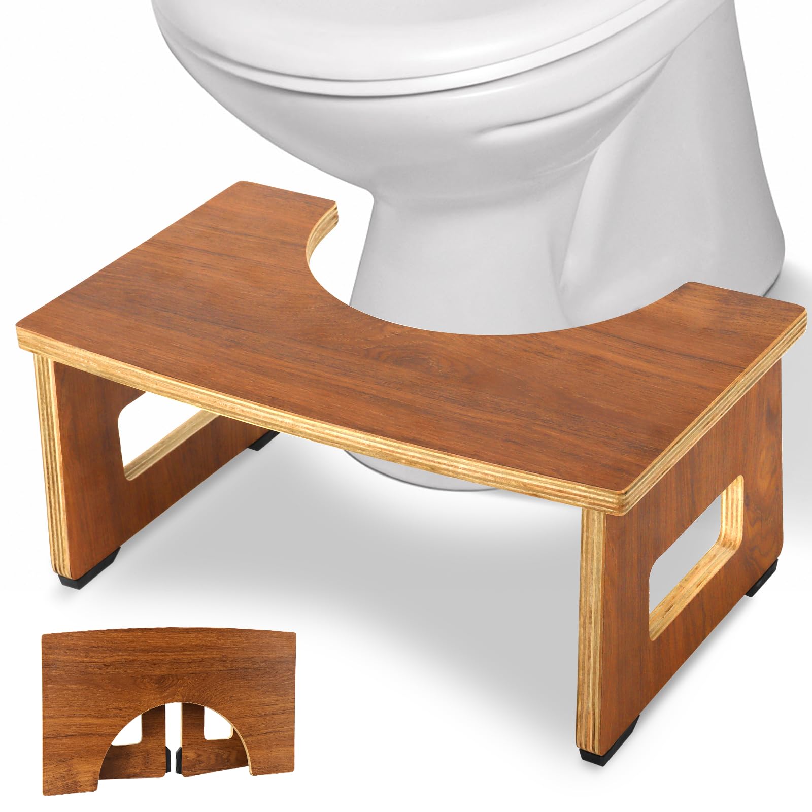 Foldable Toilet Stool, 7 Inch Poop Stool for Bathroom, Wood Toilet Stool Squat Adult, Collapsible Squatting Potty Stool with Non-Slip Strip - Improve Squatting Posture and Comfort, Walnut