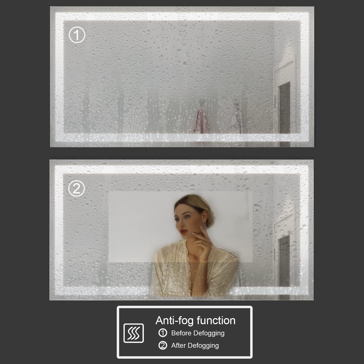 TOOLKISS Front Lit LED Bathroom Mirror 60x36, Wall Mounted Lighted Vanity with Dimmable Anti-Fog Smart Memory, Shatter-Proof Glass, Horizontal or Vertical