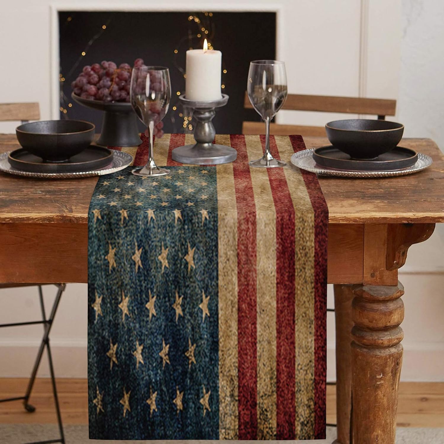 Daleng 13 x 90 inches Table Runner Cotton-Polyester Blend, Retro American National Flag Table Runner for Table Decorations, Indoor Outdoor Parties, Farmhouse & Family Gathering, 1 Pack
