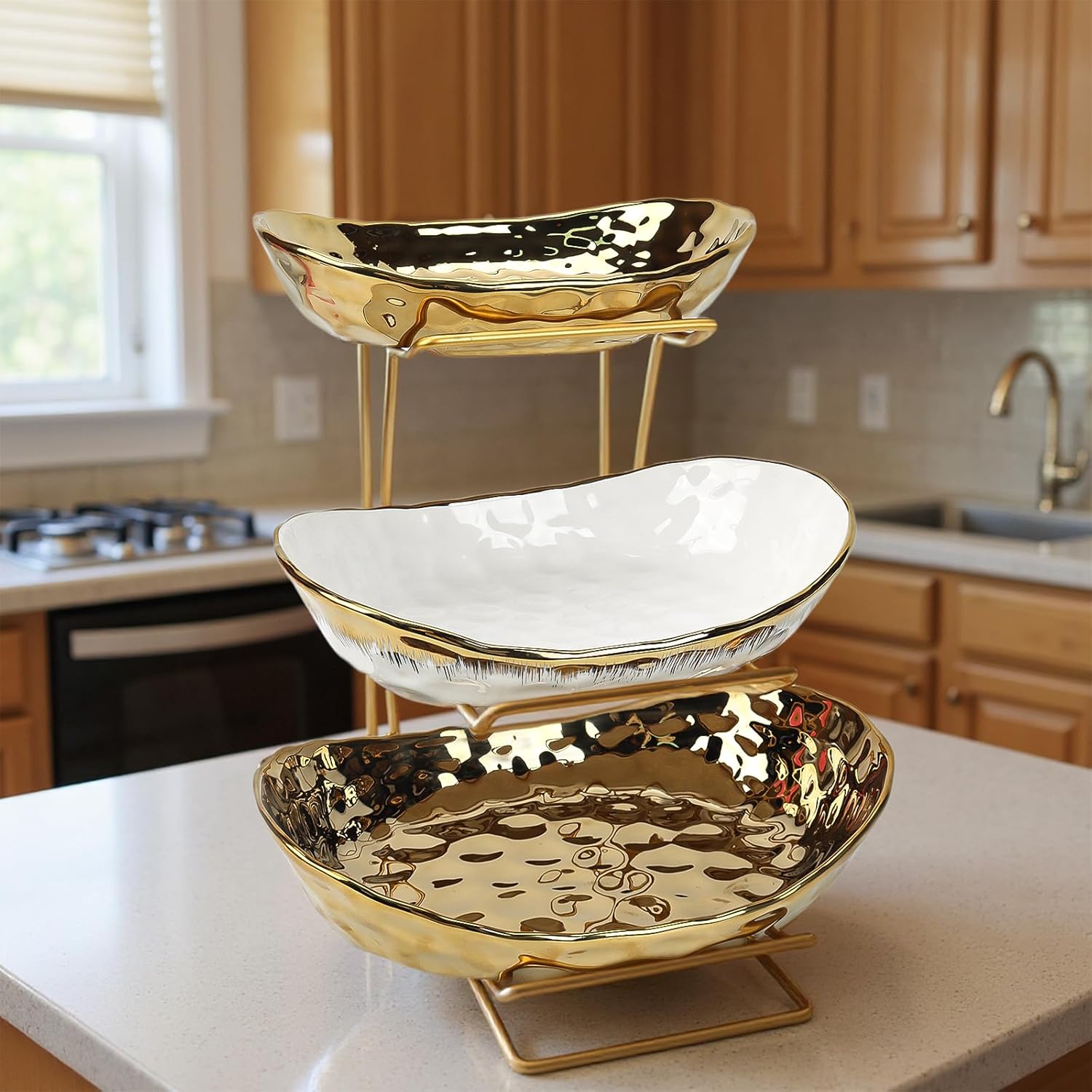 3 Tier Fruit Bowl for Kitchen Counter, Ceramic Fruit Bowl with Metal Stand, 3 Tier Fruit Basket for Vegetable Snacks Nuts Bread Candy Storage (Gold)