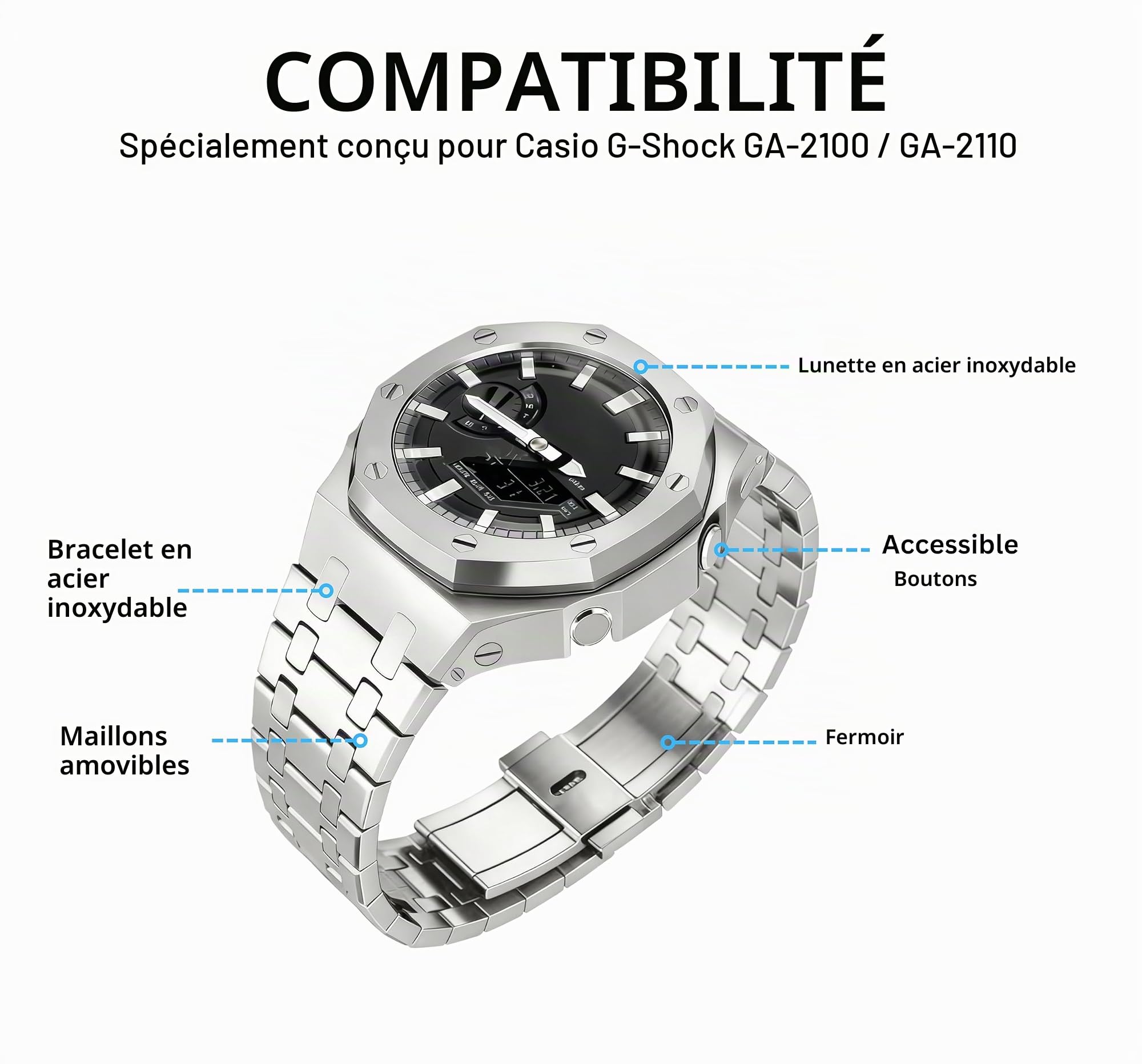Remplacement Bracelet de Montre Acier Inoxydable 316L compatible avec Casio G-Shock GA-2100 / GA-2110