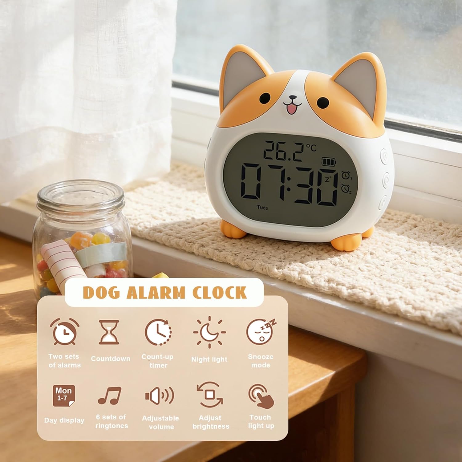 Dog Alarm Clock, Loud Bell Alarm Clock with Night Light, Rechargeable Teen Digital Clock with 6 Alarm, Timer and Temperature Display, Cute Animal Bedside Clock for Bedroom Study Office (Yellow)