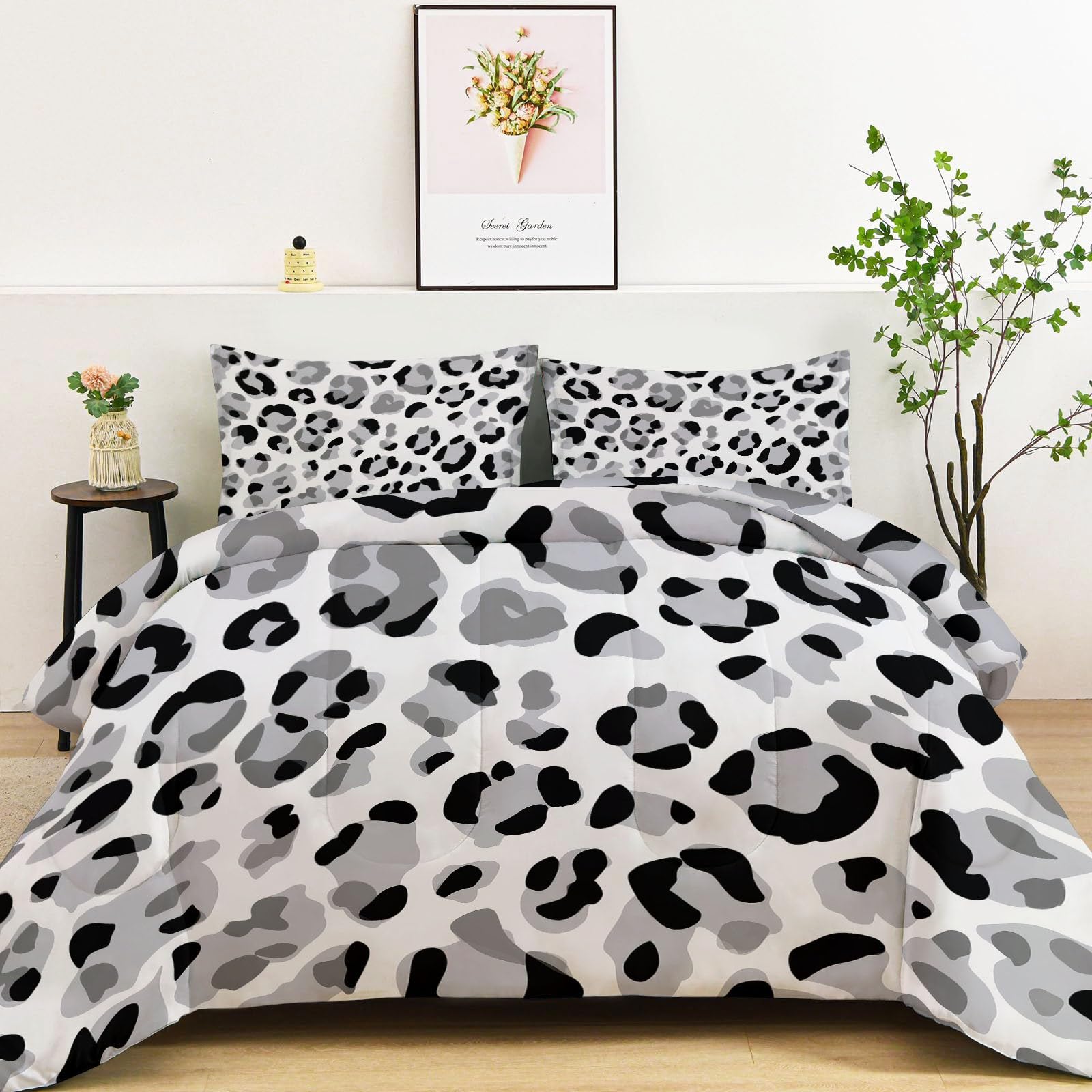 Edredón Acolchado 4 Estaciones 135 x 200 cm Arte Tradicional Animales Motivo de Leopardo - Colcha Suave Gris, Edredón Verano para Dormitorio Adolescentes Chicas Habitación Moda Decoración Dormitorio