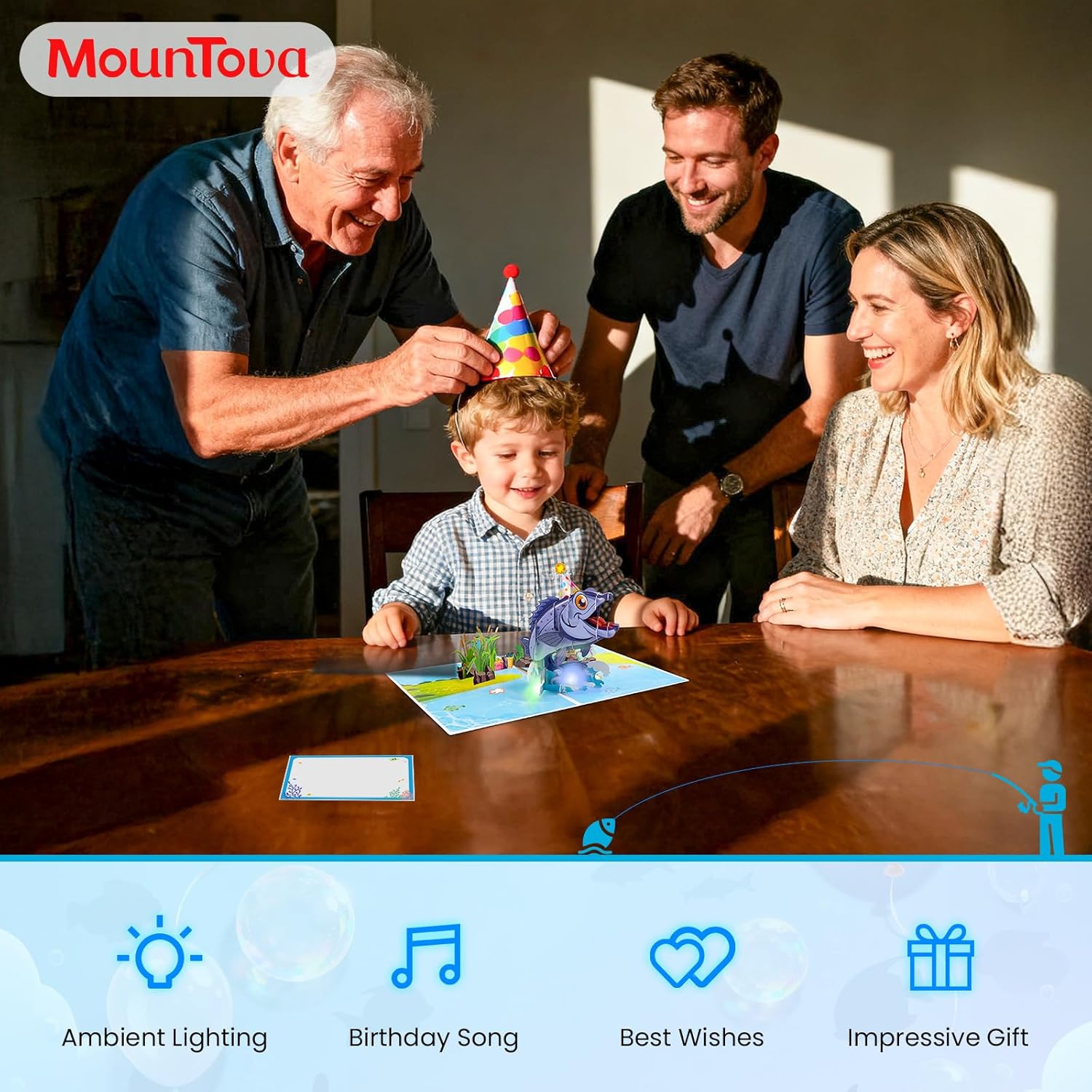 Musical Pop Up Birthday Cards for Men Women Kids, Funny 3D Jumping Fish Singing Happy Birthday Song Greeting Card with Lights, Birthday Gifts for Dad Husband Son Fisherman Friends - Image 3