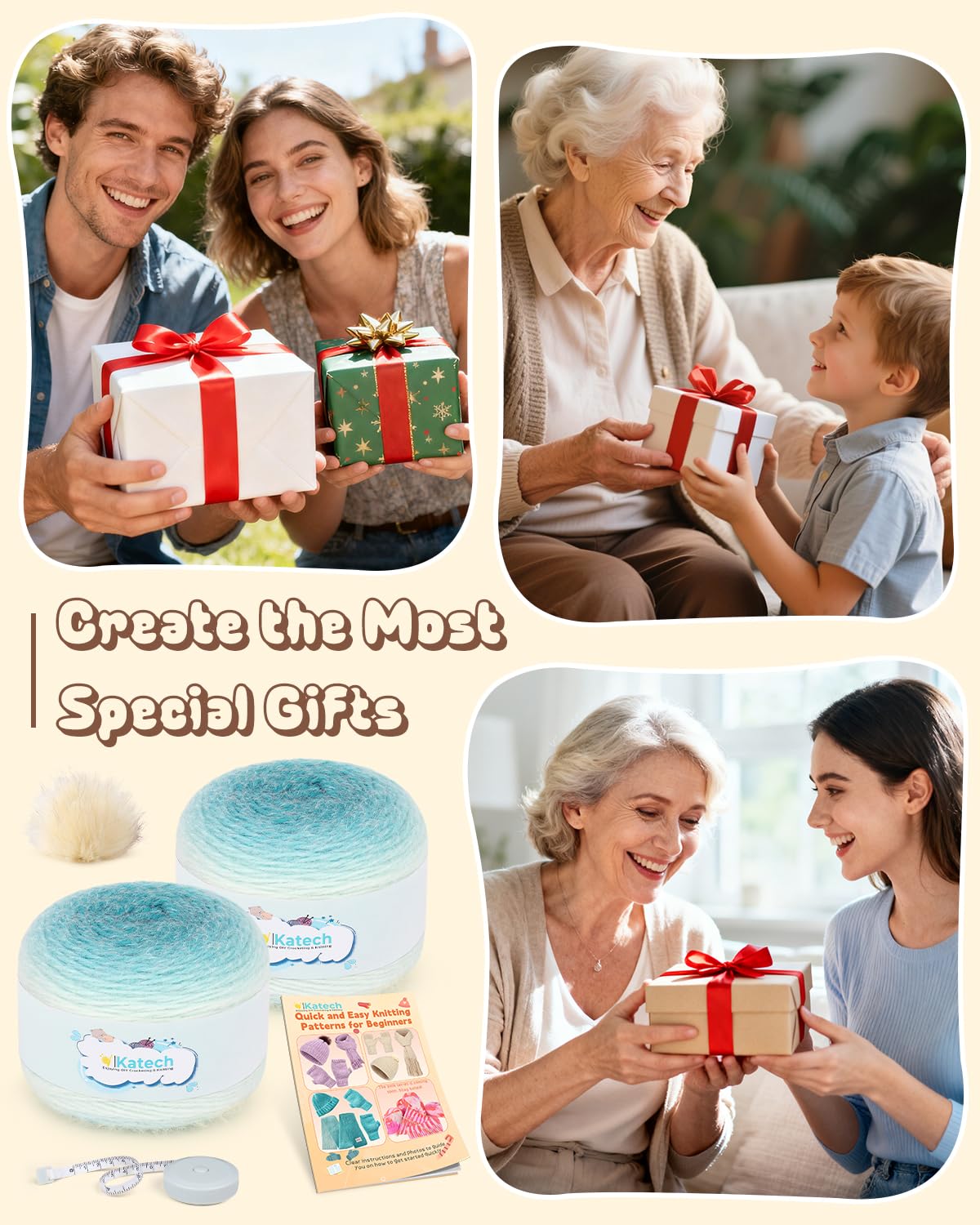 Katech Strickset für Anfänger, Erwachsene, Kinder, Anfänger, Strickset | Komplettes Strickset für Mütze, Schal, Handschuhe, mit Schritt-für-Schritt-Video-Tutorials, ideales Geschenk