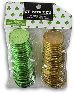 St. Patrick's Day Plastic Party Favor Shamrock Coins Green and Gold - 48 Pieces - 1.3 x 1.3 Inch
