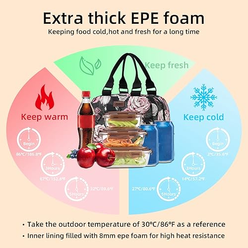 Miniatura 3 de PBRO Lonchera térmica para mujer, bolsa de almuerzo grande reutilizable con cinturón de hombro ajustable, bonita lonchera portátil con estampado