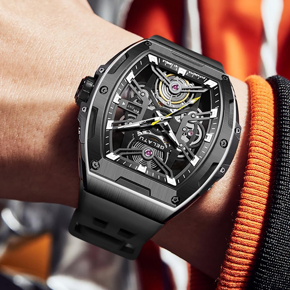 OLEVS Gelatu Herren-Armbanduhr, automatische Tonneau-Uhr, Skelett, mechanisch, 50 m, wasserdicht, Saphirglas, quadratisch, Weiß/Schwarz/Roségold