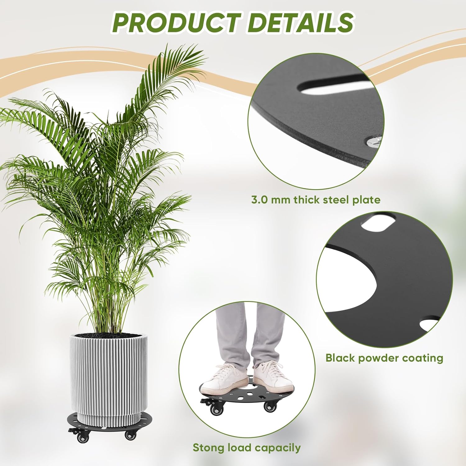 2PCS 12‘’ Heavy Duty Plant Caddy with Wheels,3.0mm Thick Carbon Steel Rolling Plant Stand,Plant Holder Coaster Trolley,Planter Mover Rollers Base,Holds up 450lbs Planter