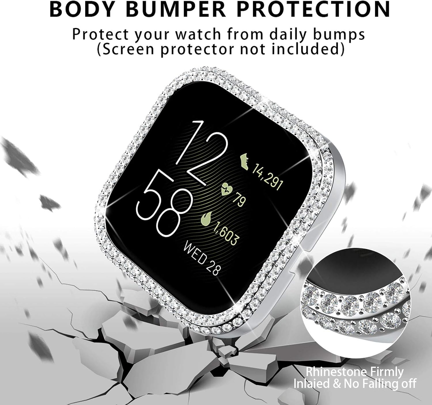 DABAOZA Compatible for Fitbit Versa 2 Case, [2 Pack] Bling Glossy Women Girl Dressy Crystal Diamonds PC Protective Bumper Watch Cover Cases for Fitbit Versa2 (Silver+Black)