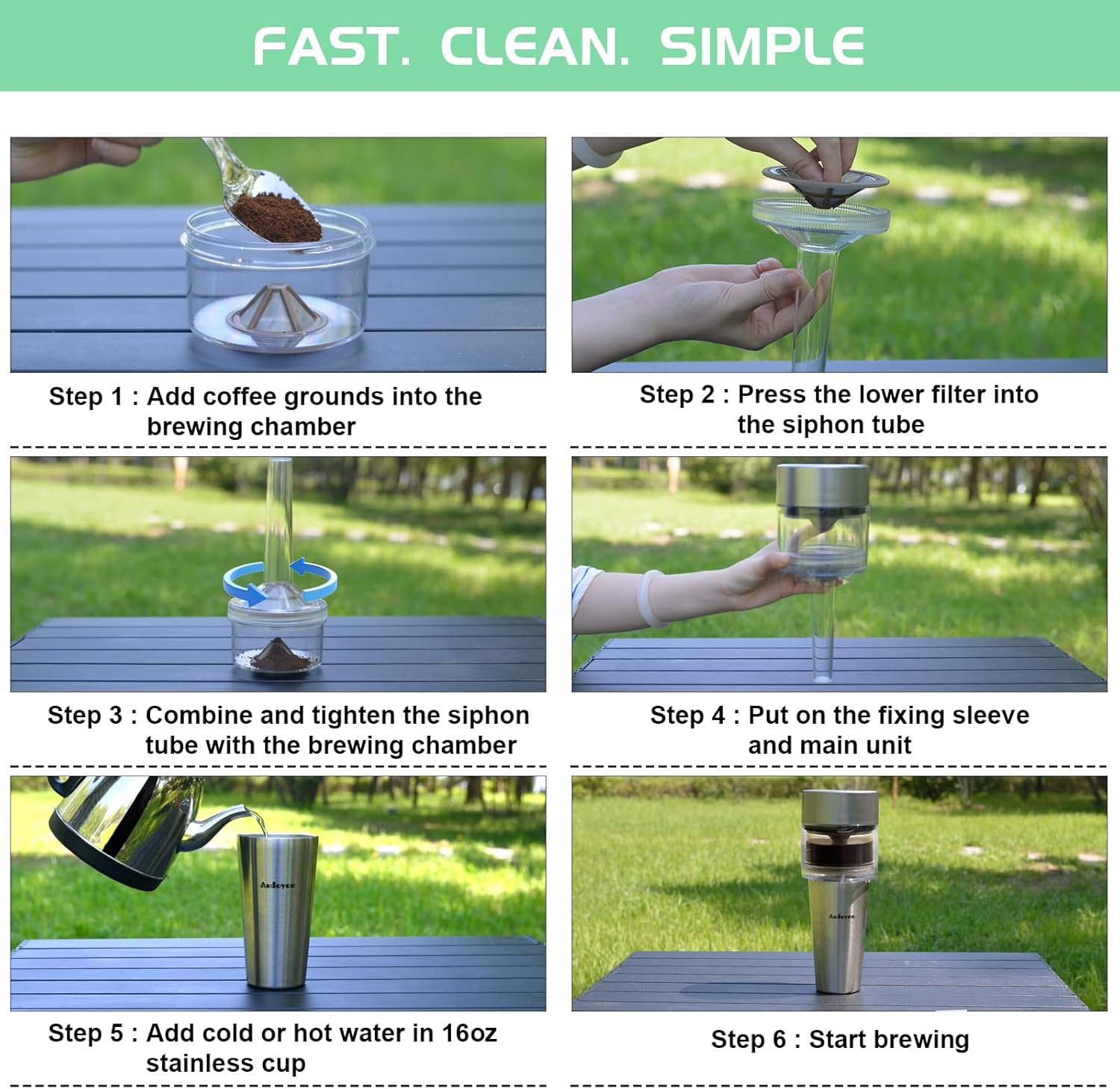 Cold Brew Coffee Maker, Rapid Brewer Portable Iced Tea Pitcher 16oz Cup with Ultra-Fine Stainless Coffee Filter, Automatic Cleaning Tea Infuser for Camping, Travel, Office & RV