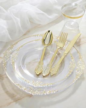 Goodluck 350 Piece Clear Gold Plastic Dinnerware Set for 50 Guests | Includes: 100 Gold Rim Plastic Plates, 150 Silverwares, 50 Pre Rolled Napkins, 50 Cups for Party, Wedding