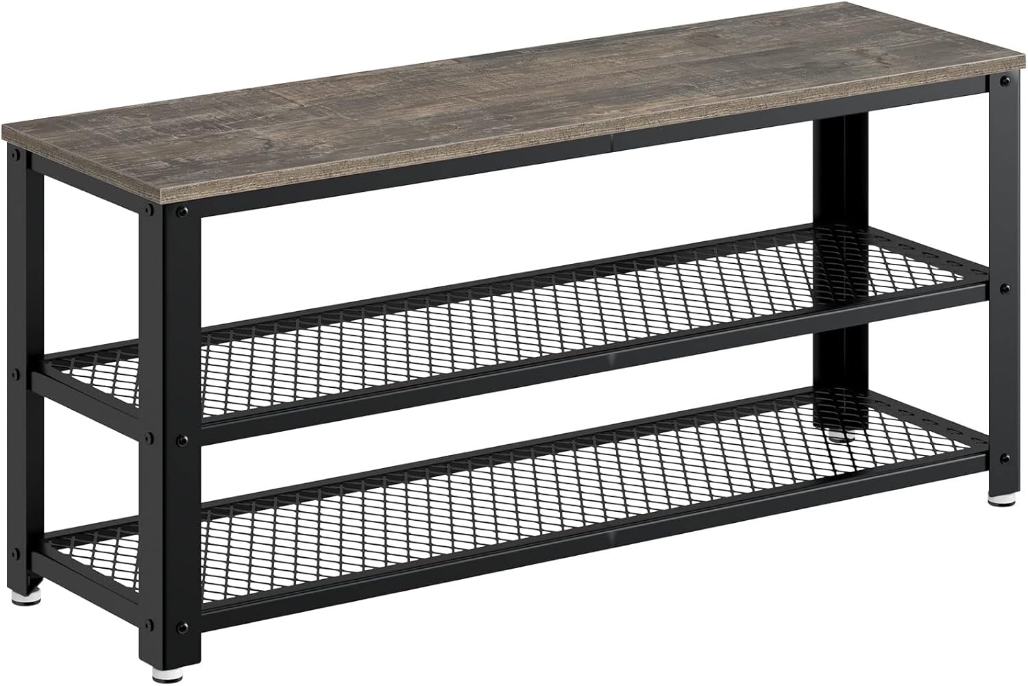 Rolanstar Shoe Bench, 3-Tier Shoe Rack, 39.4” Storage Entry Bench with Mesh Shelves Wood Seat, Rustic Foyer Bench for Hallway Front Door, Doorway, Living Room, Mudroom, Steel Frame, Gray 39.4*11.8*17.7 inch Grey