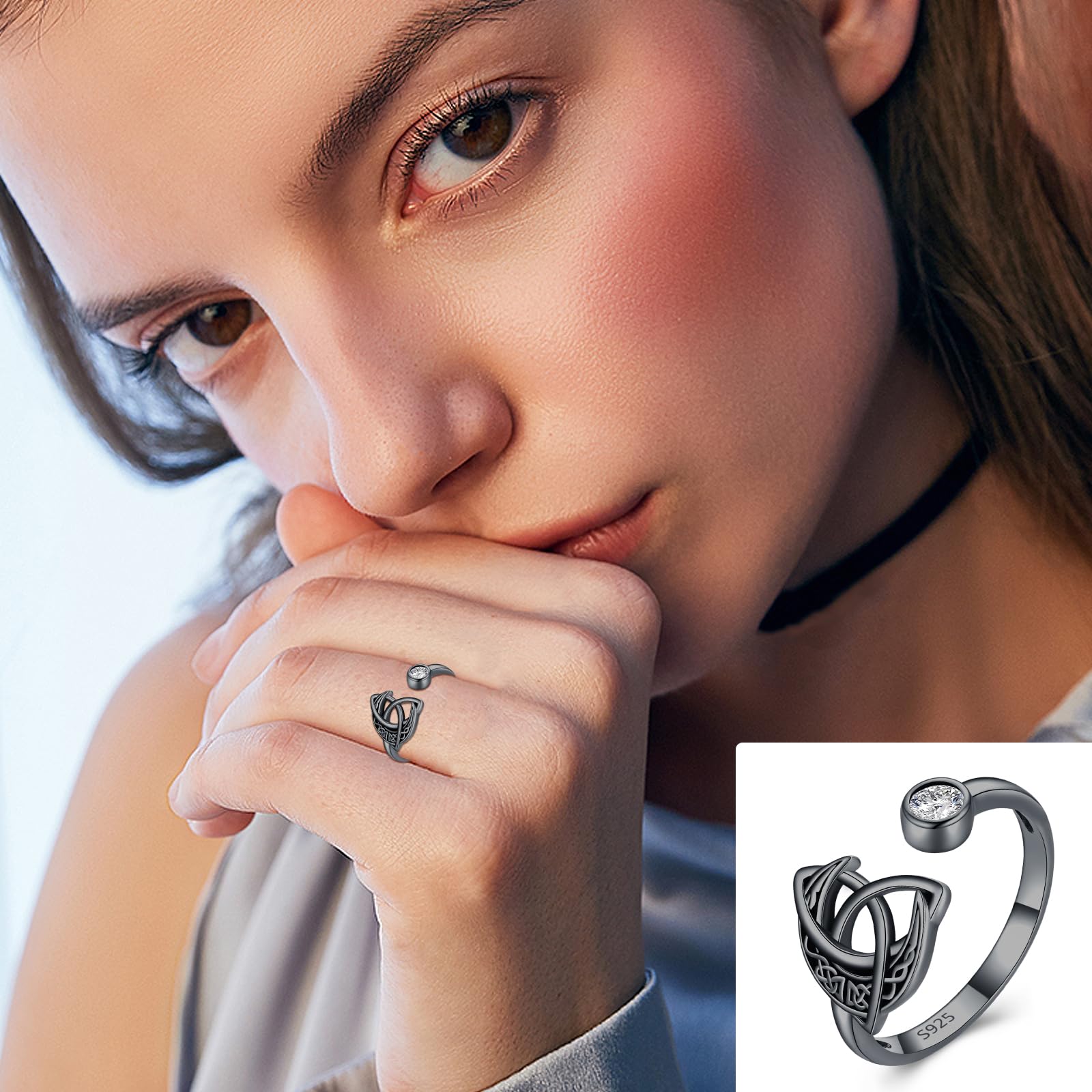 Keltischer Knotenring für Damen 925 Sterling silber verstellbarer Zirkonia Mondring irischer Schmuck schwarzer keltischer Schmuck