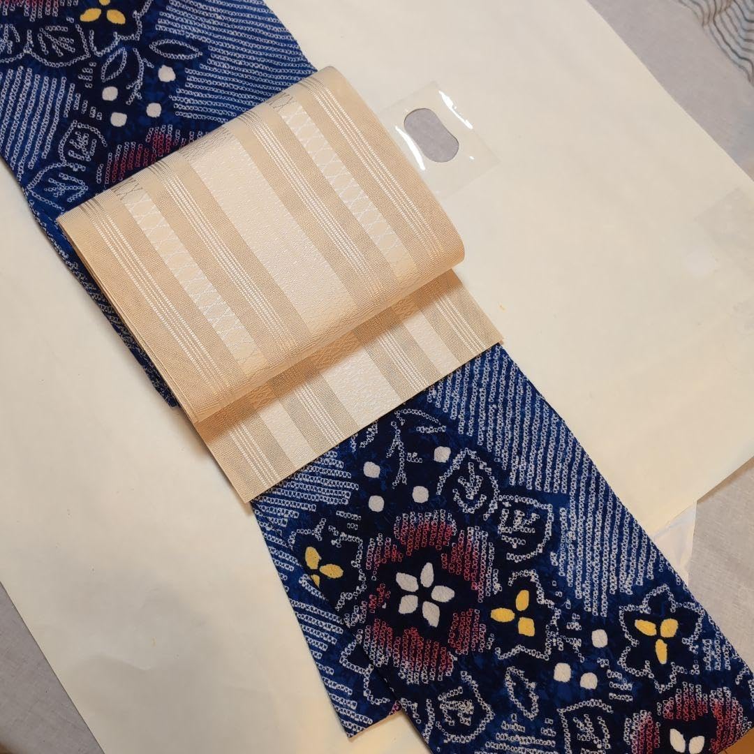 有松鳴海絞り単衣 着物 浴衣 朝顔 天然 藍染 居敷当て 藍青系 浴衣