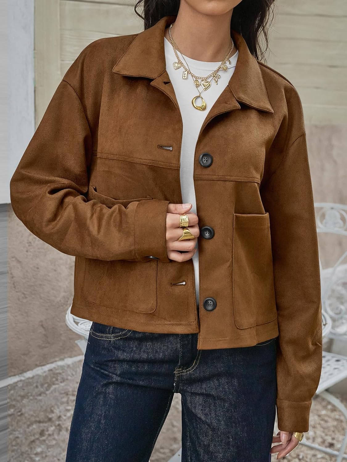 Tankaneo Womens Cropped Faux Suede Leather Jackets Lapel Collar Button Down Short Coats Fall Winter Vintage Trendy Shackets - Image 2