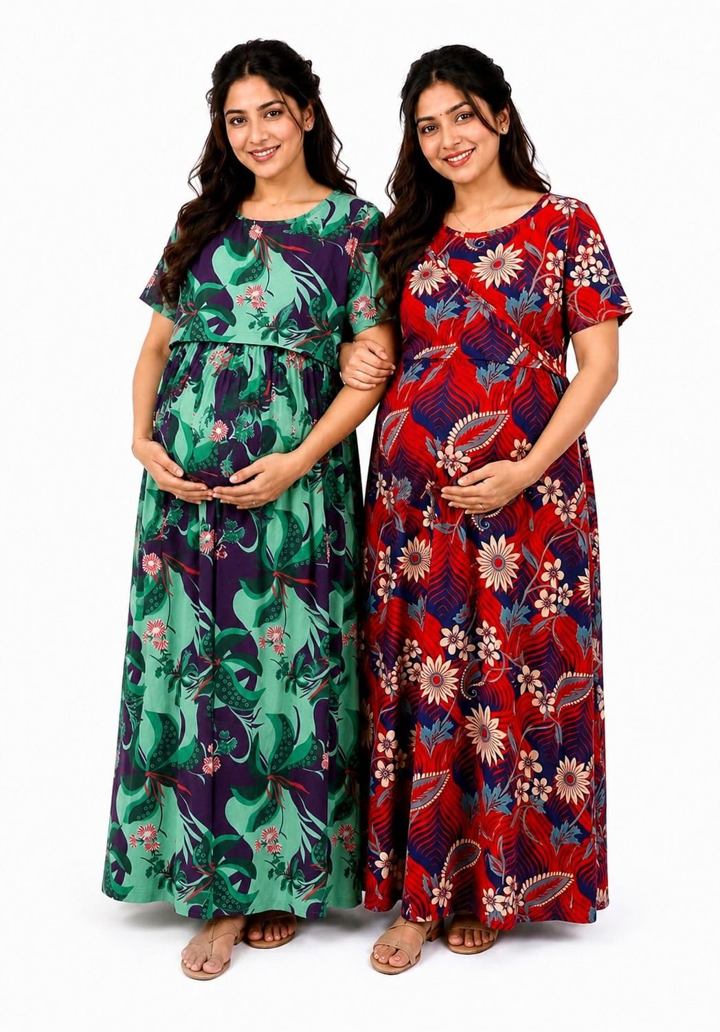 Maternity Feeding Nighty for Women Floral Print Nursing Maxi Dress with Concealed Feeding Layer Short Sleeves Round Neck Pregnancy Nightwear for Breastfeeding, Lounge Wear (Pack of 1 & 2,3)-image-41