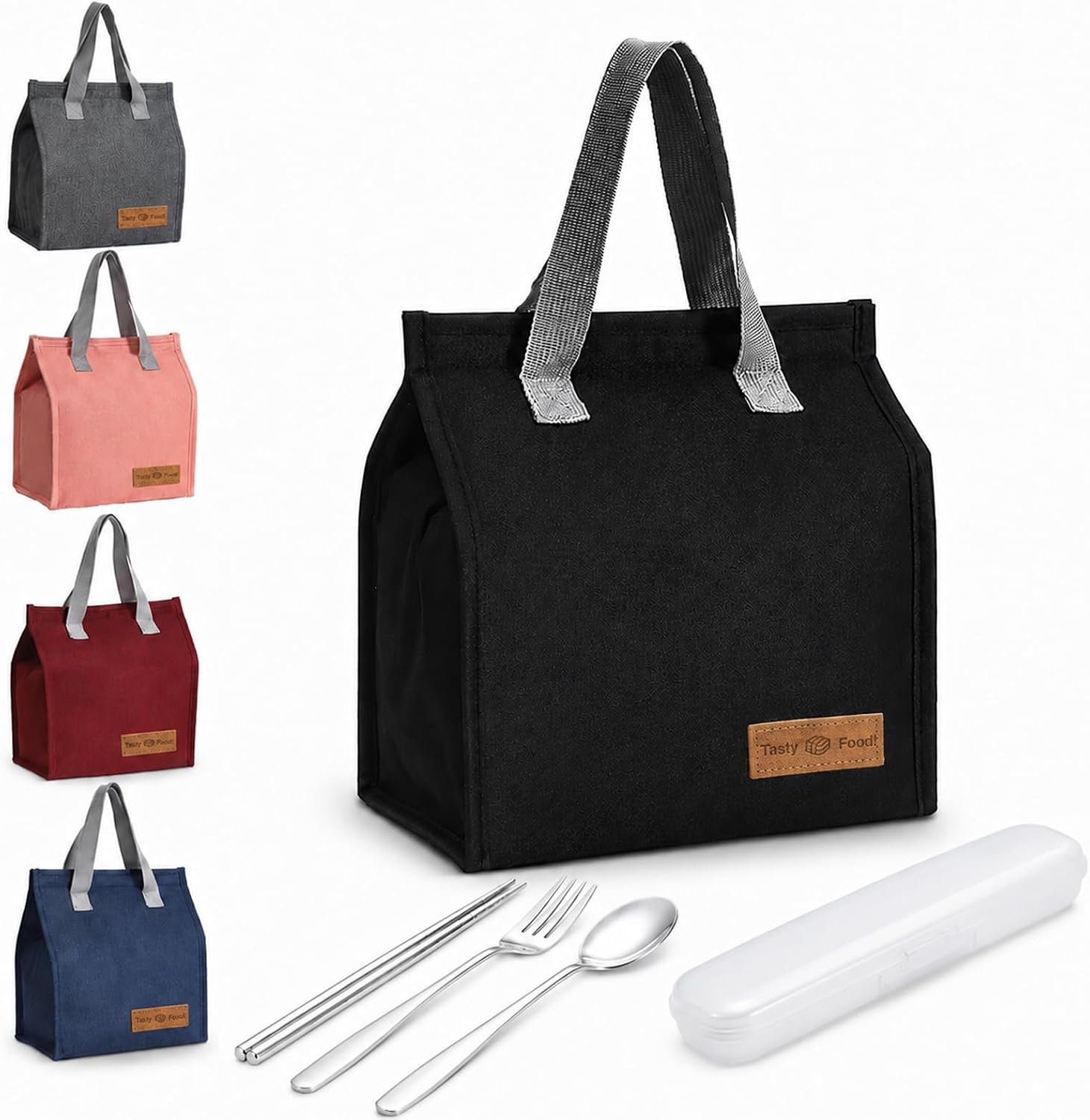 Lukymart Lunch Bag for Men/Women, Waterproof Reusable Portable Lunch Tote, with Silverware Set, Lunch Tote Bags for Work Travel Outdoor, Black