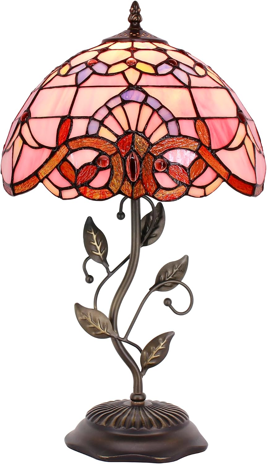 Tiffany Lamp Stained Glass Table Lamp 12X12X19 Inches Desk Reading Light (Pink Baroque Style)