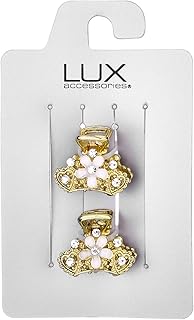 LUX ACCESSORIES Set of 2 Mini Hair Claws White Floral Crystal Gold Hair Claws