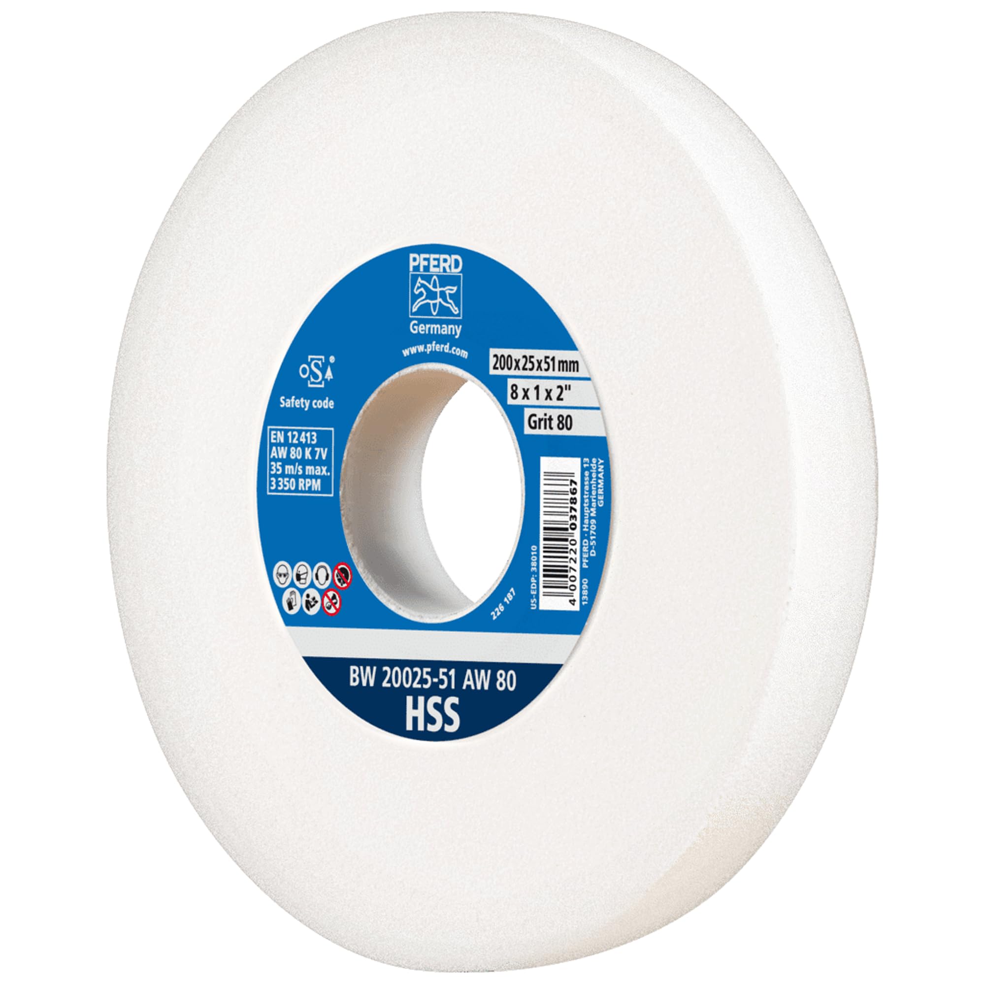 PFERD TOOLS Schleifbockscheibe HSS, 200x25x51mm, A80, 39009703 – Mittelharte Schleifscheibe zum Schärfen von HSS-Bohrern, mit Reduzierhülse (32mm)
