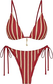 Crochet Bikini Sets for Women Cheeky Two Piece Bathing Suits Striped Brazilian High Cut Knit Swimsuit Tie for Vacation