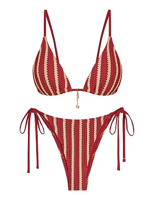 ZAFUL Crochet Bikini Sets for Women Cheeky Two Piece Bathing Suits Striped Brazilian High Cut Knit Swimsuit Tie