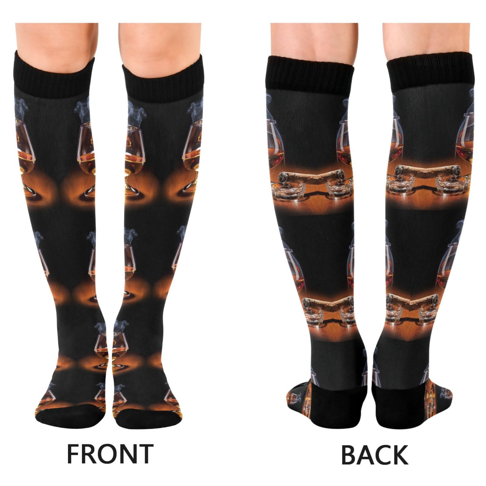 1 Pair Unisex Compression Crew Knee Soft Circulation Socks High Sock Long Athletic for Running,Travel,Cycling Print Cognac Glass and Cigar with smoke on Desk Black Pattern