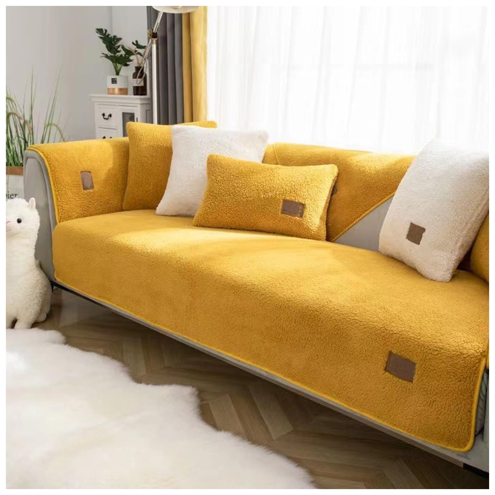 Thick Fuzzy Sherpa Fleece Non-Slip Sofa Cover, Non Slip Sofa Cover, Fuzzy Couch Cover, Washable 1/2/3 Seater Pure Color Sectional Sofa Protector (yellow,110 * 160cm)