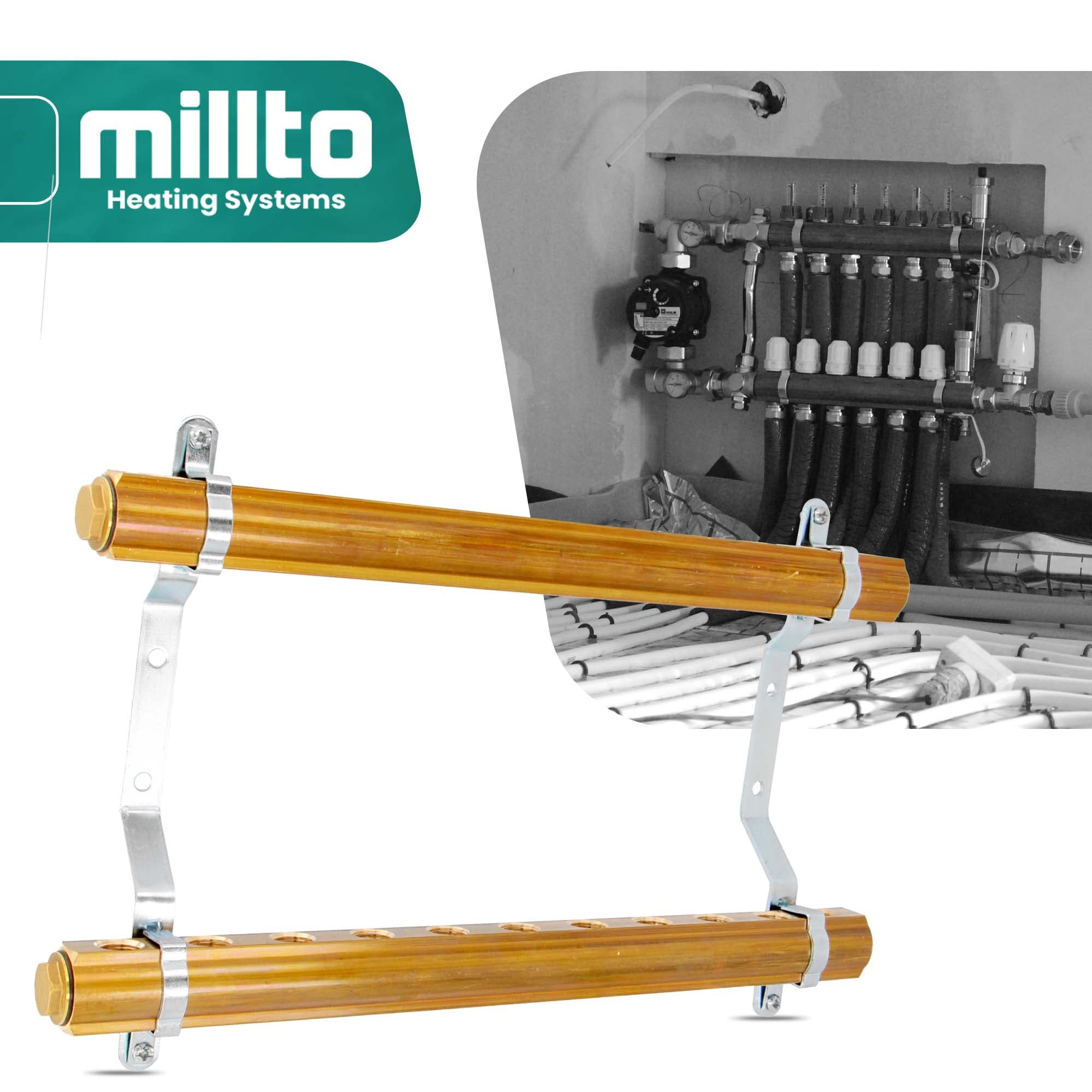 Millto™ Distribuidor de calefacción para debajo del pasillo, latón, 11 conexiones, tubos, tubos de acero inoxidable, soportes para calefacción por suelo radiante, conexión de tubos, juego de