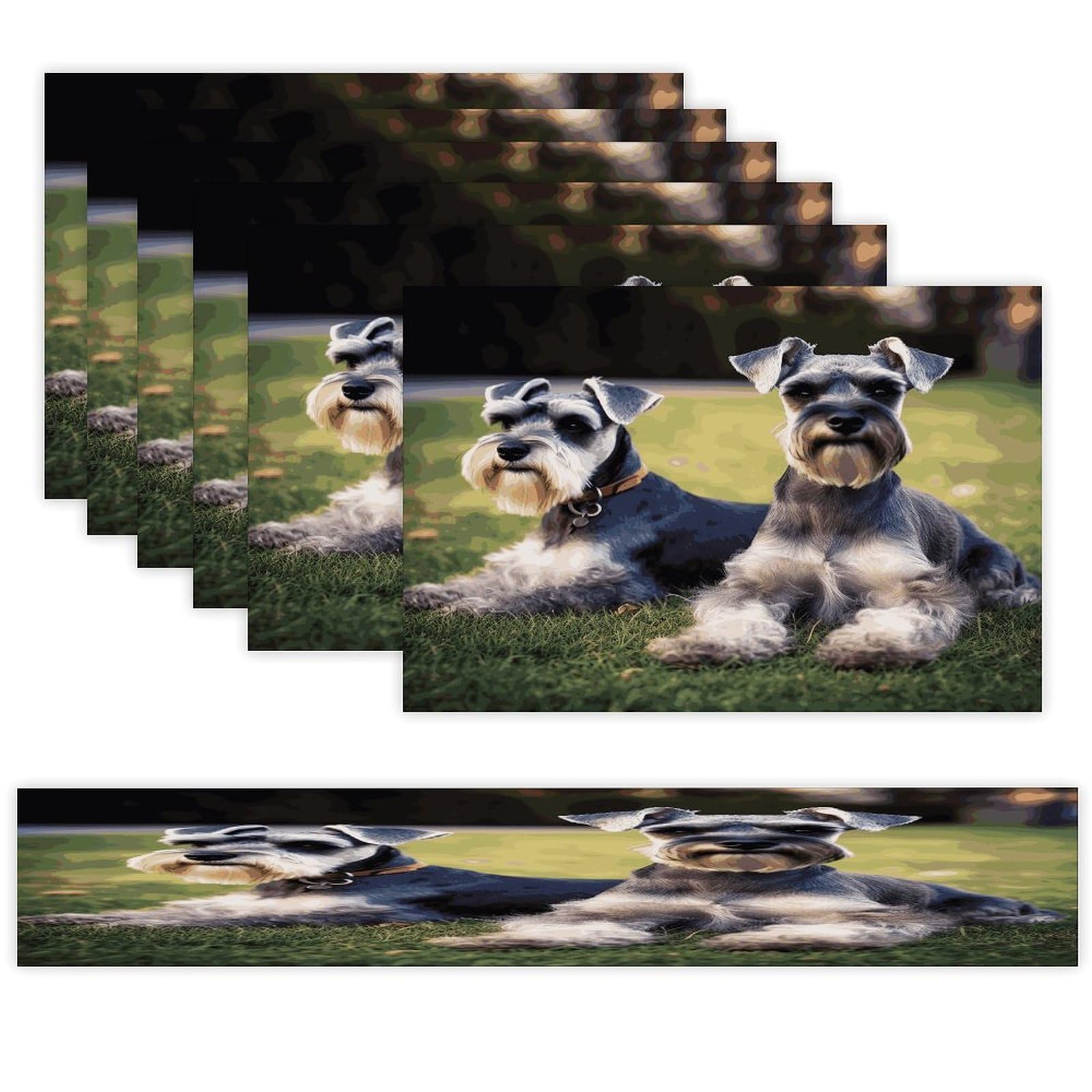 Adult Schnauzer Dogs Table Runner and Placemats Set of 6 Wipe Clean Heat Resistant Table Mat with Table Runner Decorations Flax Linen Place Mat Set for Home Kitchen Party Supplies