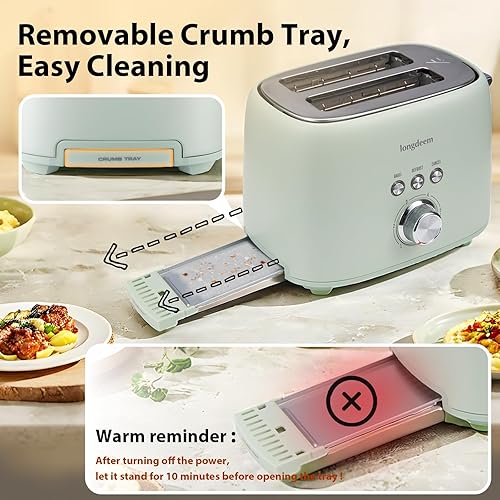 Miniatura 6 de LONGDEEM Tostadora de 2 rebanadas de acero inoxidable con ranura extra ancha de 1.5 pulgadas con palanca de elevación alta, 6 ajustes