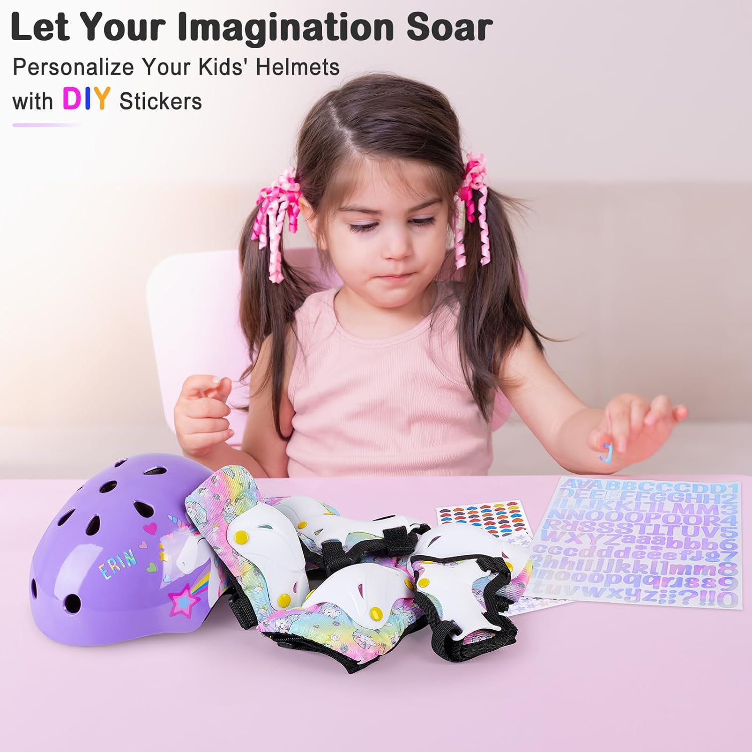 FIODAY Kids Bike Helmet, Toddler Helmet Knee and Elbow Pads Wrist Guards Adjustable Protective Gear Set with DIY Sticker for Girls 3-5-8 Years for Skateboard Inline Skating Scooter