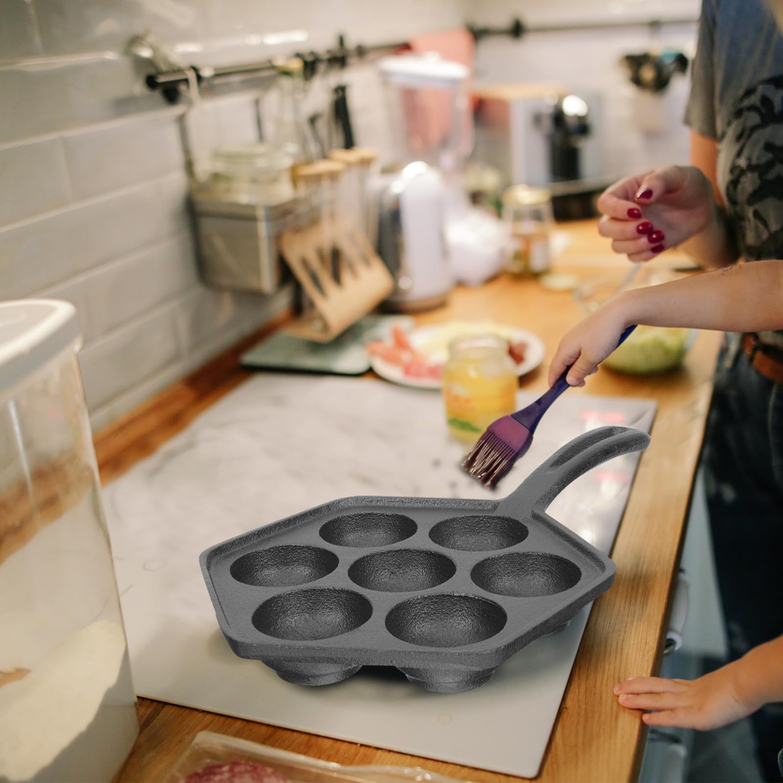 TOYANDONA Padella per Polpette in Ghisa Foro Grande da 5,5 Cm, Antiaderente senza Rivestimento, per Cucinare senza Attaccare Cibo