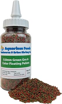 0.8mm Micro Pellet Mix of Intense Color Enhancing & Spirulina Green Gro Floating Pellets for Guppies, Tetras, Bettas, Nano Fish, Baby Fish...2.5oz Squeeze Bottle