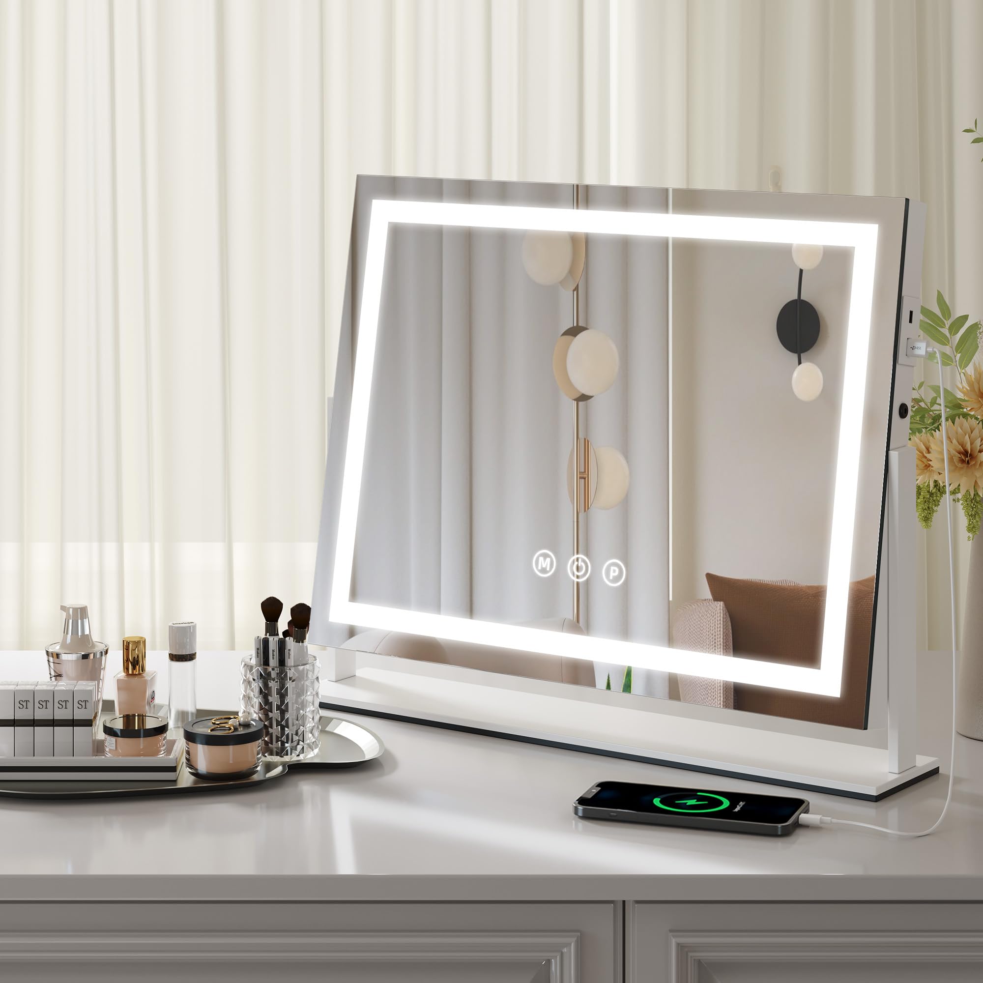 YITAHOME Beleuchteter Kosmetikspiegel mit 3 Farbtemperaturen, 62.5 x 51 cm Hollywood-Schminkspiegel mit Touch-Steuerung, 10-facher Vergrößerung & USB-Anschluss für den Schminktisch