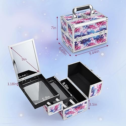 Vista 30 de Joligrace Estuche organizador de maquillaje, caja de maquillaje portátil para cosméticos, estuche de almacenamiento duro con 2 bandejas de bloqueo