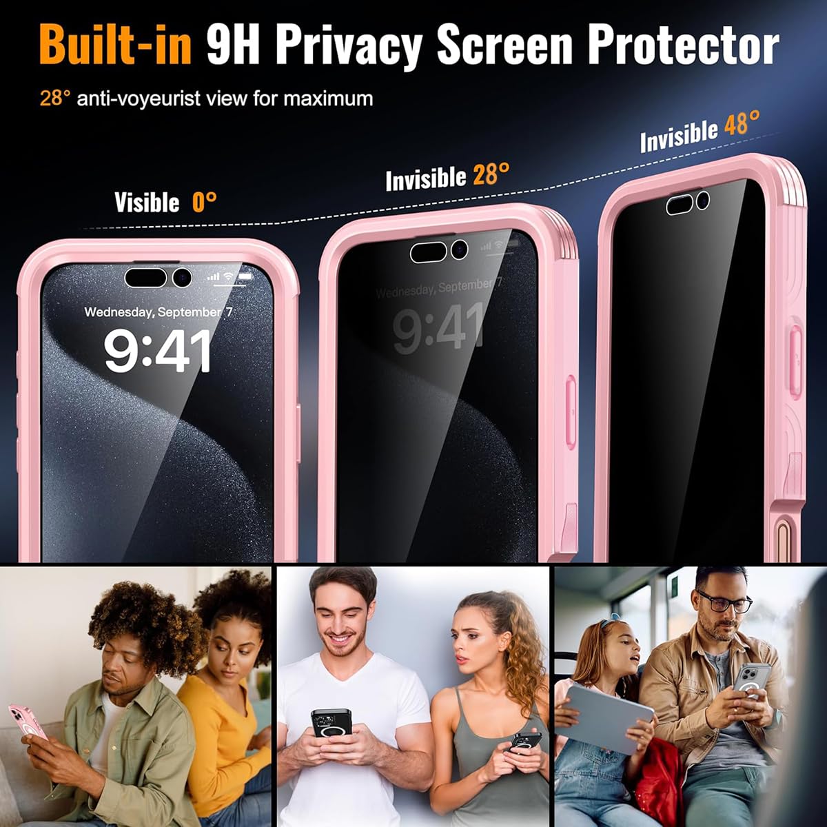 OMGZONE Privacy Case for iPhone 16 Plus,Shockproof Bumper Cover built-in Privacy Screen Protector and Camera Lens Protector,360 Degree Full Body Case for iPhone 16 Plus,Pink - Image 2