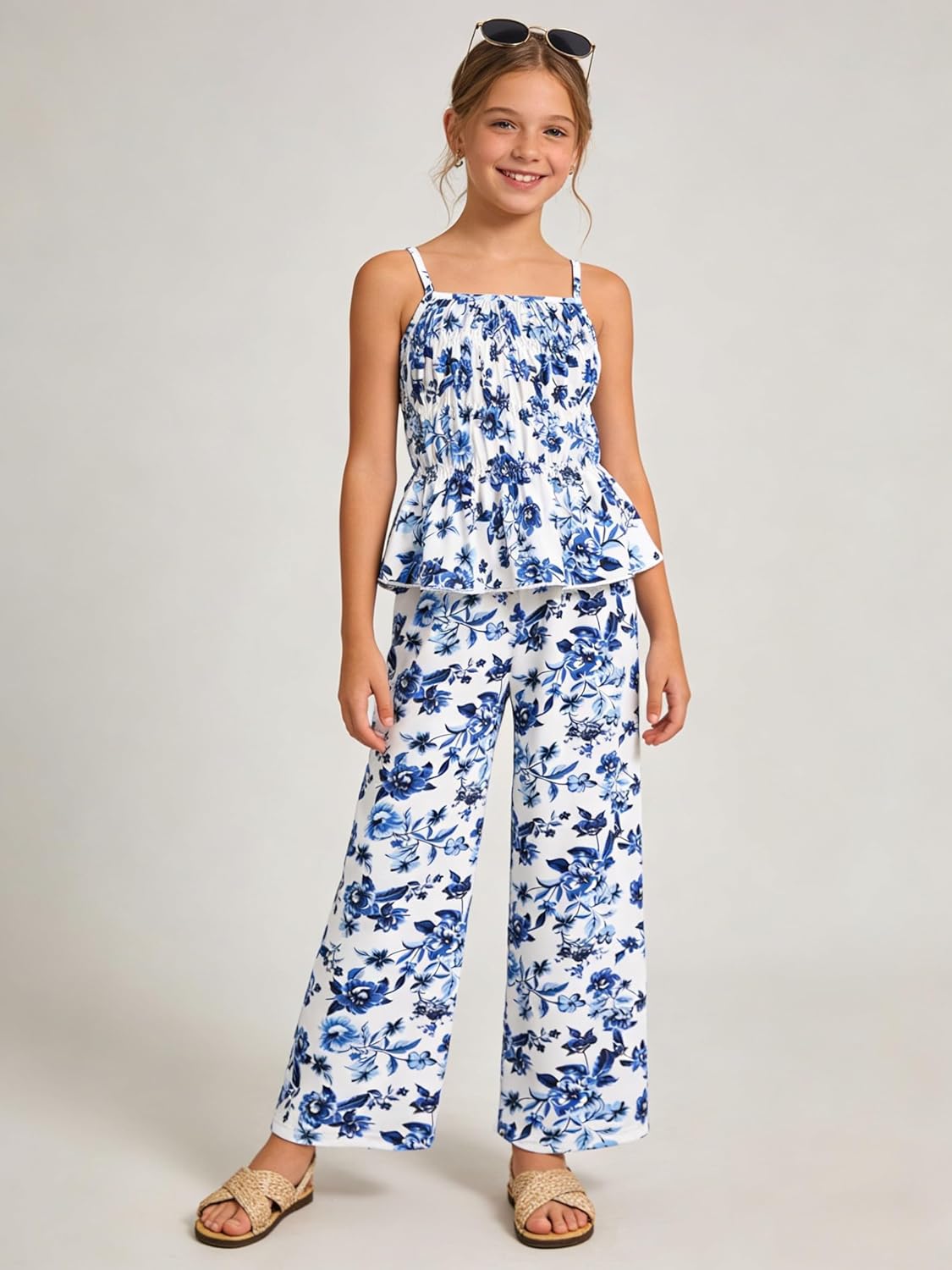 Cakaner Tween Girls Clothes Summer 2 Piece Outfit Set Ruffle Cami Top Wide Leg Pants with Pockets Size 8-13