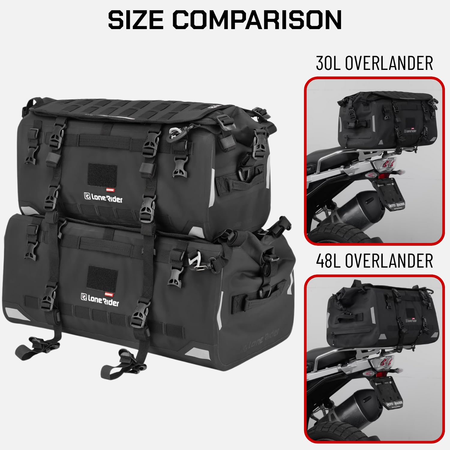 Lone Rider Overlander 30 L - Sac Moto étanche et Extensible pour Porte-Bagages arrière avec Sangles Molle, Rangement pour équipement et Fermeture Enroulable