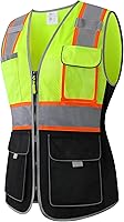 Vista 13 de Chaleco de seguridad para mujeres, chaleco de trabajo reflectante de alta visibilidad con 9 bolsillos múltiples y cremallera