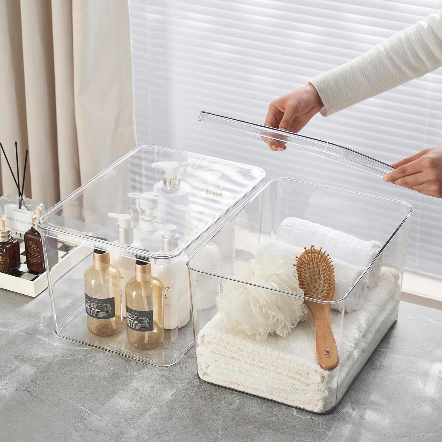 4Extra Large Lidded Plastic container , Clear Stackable Storage Boxes for Cabinets, Organization and Storage for Shelves Office Bathroom (4Extra Large)