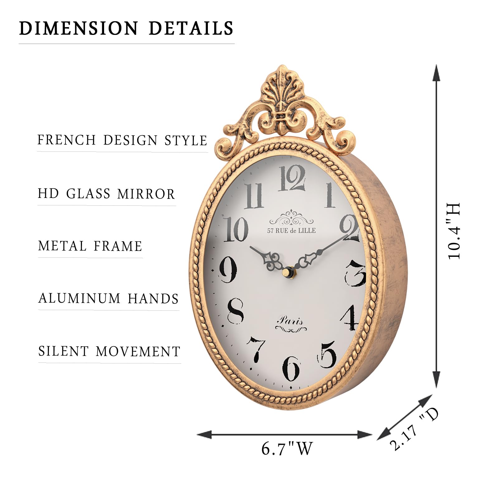 Abdurey Small French Retro Decorative Wall Clock, Antique Gold Vintage Oval Style,Silent Battery Operated Boho Decor Wall Clocks for Farmhouse,Kitchen,Bedroom,Bathroom(10.4
