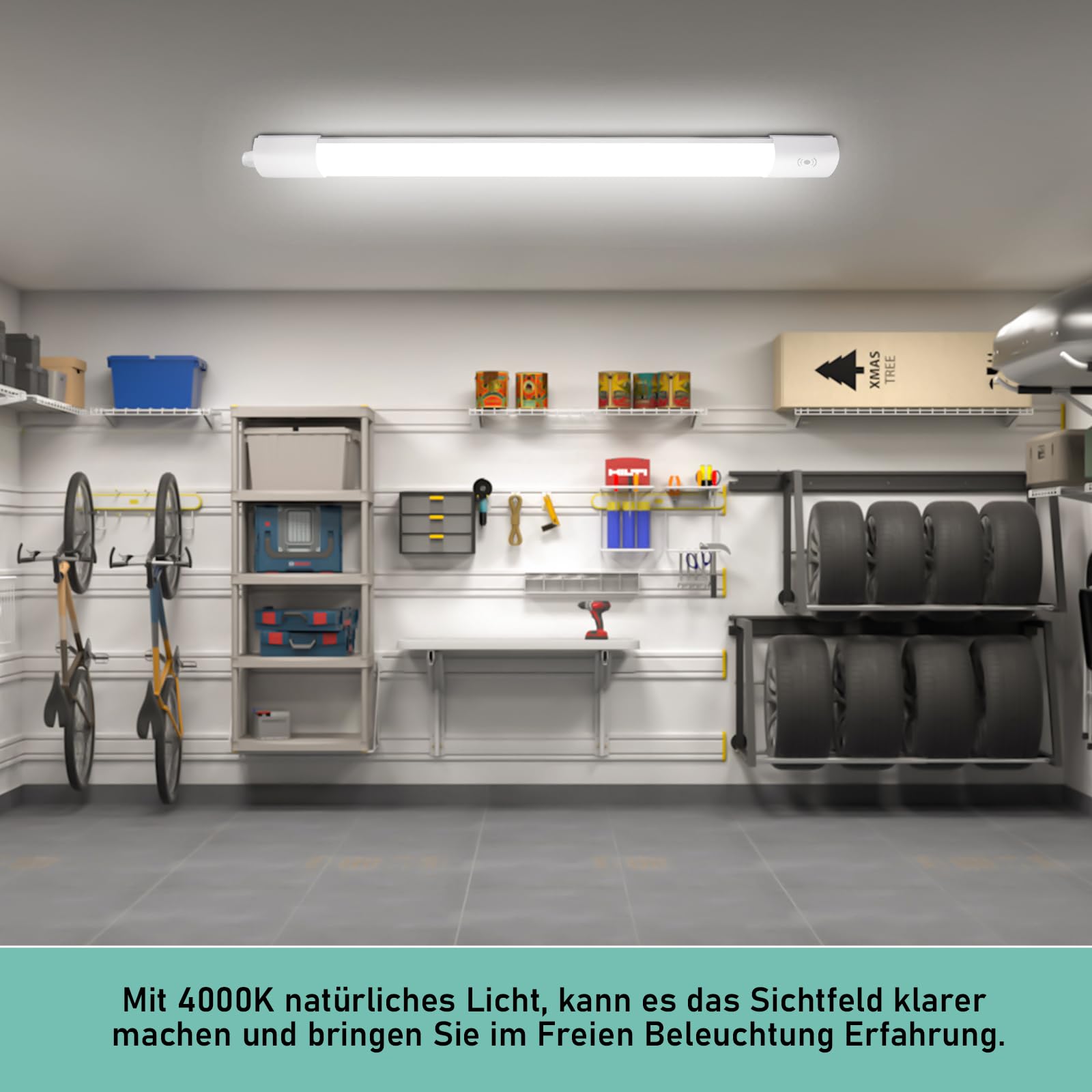 Neon Plafoniera LED Soffitto Lineare 60cm con Sensore Movimento, 20W 2200LM IP65 Antipolvere Impermeabile - Luce a Prova di Umidità per Garage,Cantina, Officina e Bagno, 4000K - Bianco Naturale