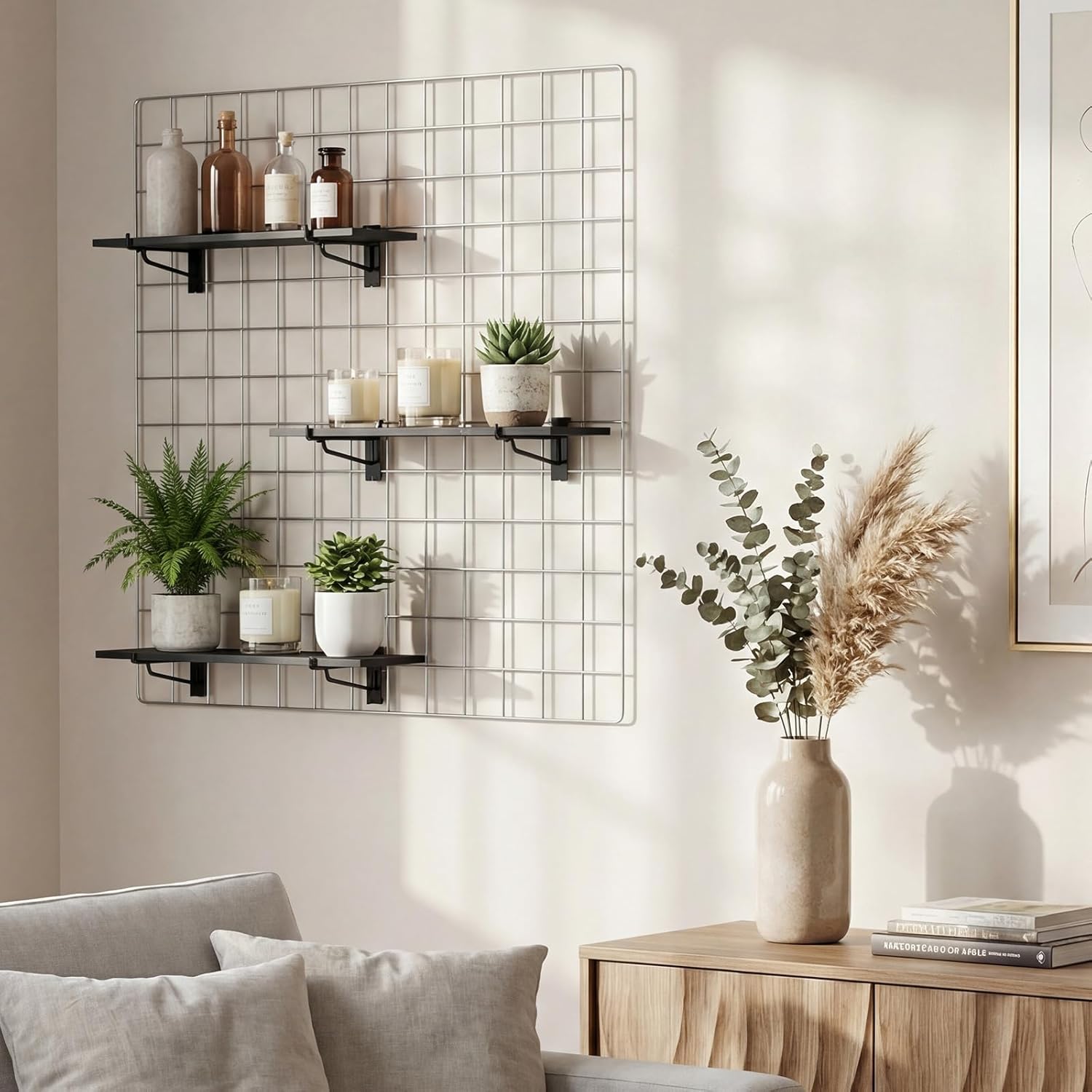 4 Pack Grid Wall Shelf with Metal Brackets 16"x 8" Wooden Grid Wall Shelves Organizer Heavy Duty Accessories for Garage, Craft Rooms, Retail Stores, Office, Workbench and Retail