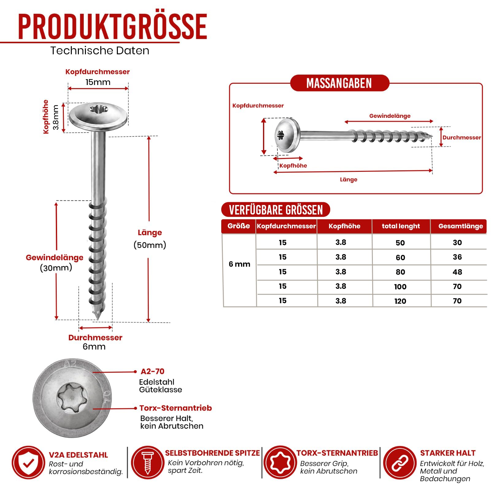 Śruba z łbem talerzowym ze stali nierdzewnej A2 ETA 6 x 50 TX25 Torx śruba konstrukcyjna do drewna V2A z końcówką tnącą powłoką ślizgową do konstrukcji drewnianych, wiaty garażowej, balkonu, mostka